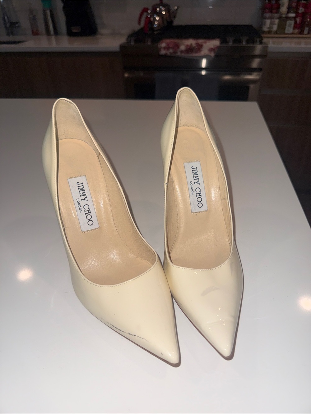 Jimmy Choo Cream Patent Leather Pointed-Toe Pumps